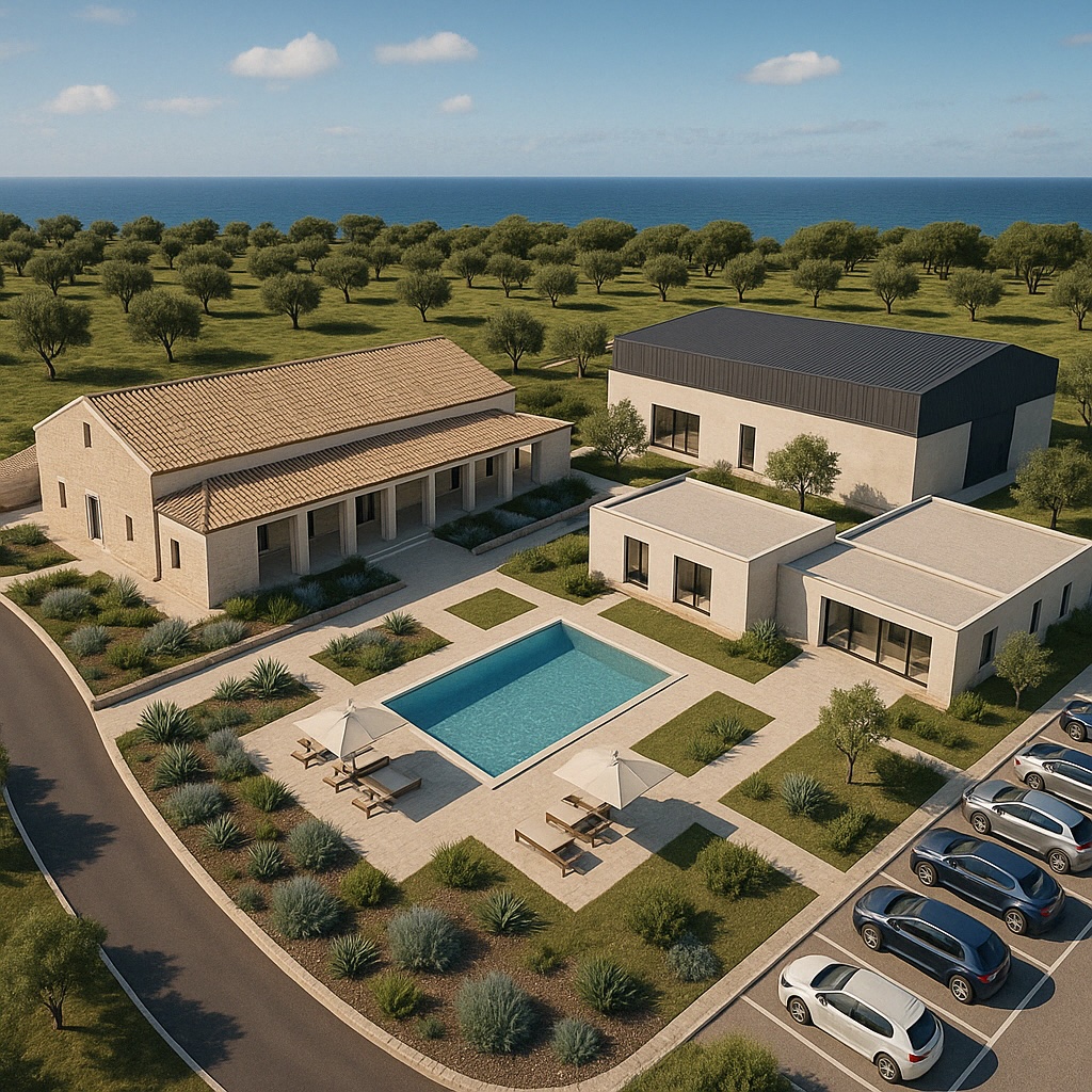 Mediterranean villa complex with olive grove